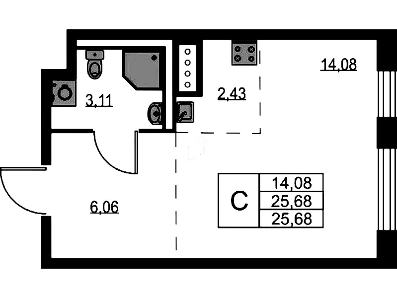 Квартира студия 25.68 м², 2/11 эт., ЖК «Квартал Лаголово»